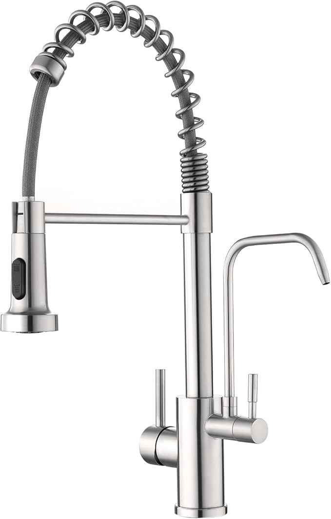 POPFLY Kitchen Faucet with Drinking Water Faucet, 3 in 1 Pull Down Faucet with Purfied Water Faucet, 2 Handle Spring Kitchen Water Filter Faucet, Brushed Nickel