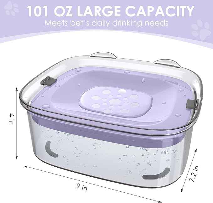 AONKEY 3L Dog Water Bowl No Spill, 101oz Large Spill Proof Dog Bowl Reduce Refill, Anti Splash No Mess Dispenser Dripless Slow Drinking Water Bowl for Sloppy Messy Drinkers (Violet)
