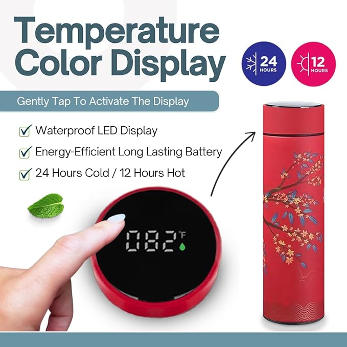 Farasi Tea Infuser for Loose Leaf Tea Smart Water Bottle with Fahrenheit Temperature Display, Stainless Steel Insulated Coffee and Fruit Tea Infuser Bottle - Red Floral Travel Tea Mug 15 oz