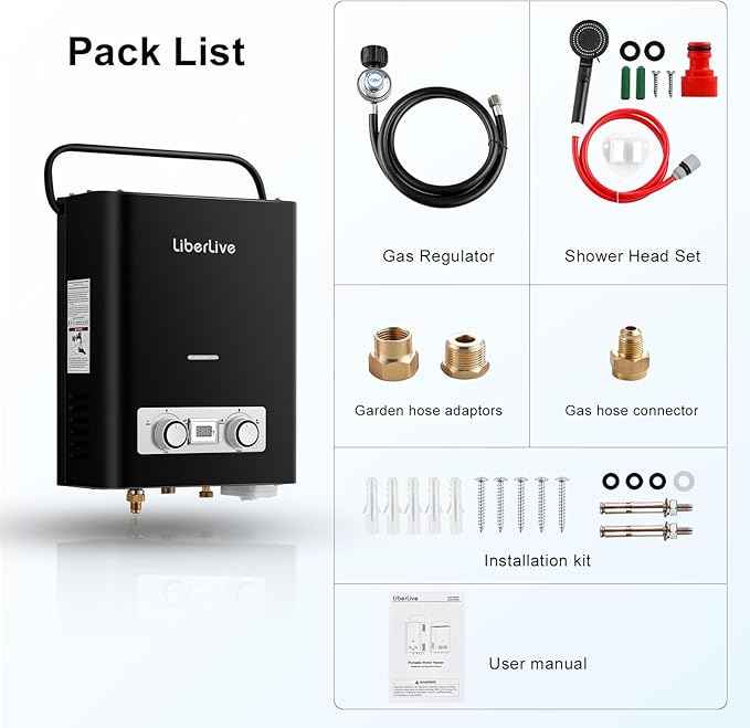 Propane Tankless Water Heater, 5L 1.32 GPM Outdoor Portable Gas Instant Hot Water Heater with Digital Display Overheating Protection, for Camping Barn Cabin RV Black