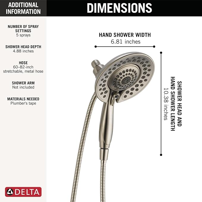 Delta Faucet 5-Spray In2ition 2-in-1 Dual Hand Held Shower Head with Hose, H2Okinetic Handheld Shower Head with Magnetic Docking, Brushed Nickel Handheld Shower Heads, Stainless 58620-SS-PR25-PK