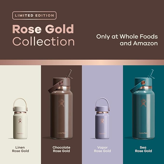 Hydro Flask Water Bottle - Insulated Stainless Steel - Wide Mouth Flex Straw Lid, Non Spill, Leakproof and Refillable in 32 Oz Sea Rose Gold