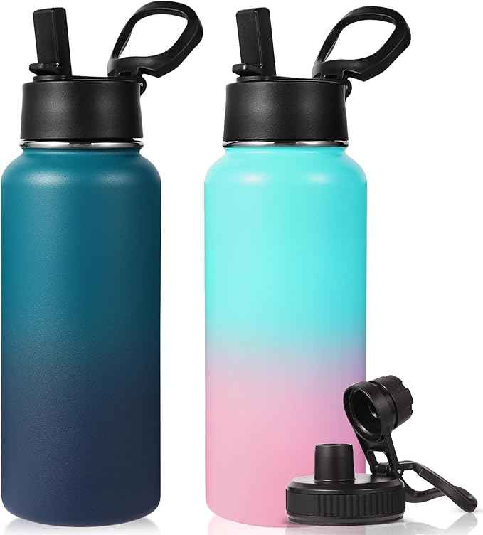 Neihepal 32 oz Insulated Water Bottles with 2 Lids (Straw & Spout Lid), 18/8 Stainless Steel Double Wall Water Bottle for Gym, Travel, Camping, Sports (Assorted,2 Pack)