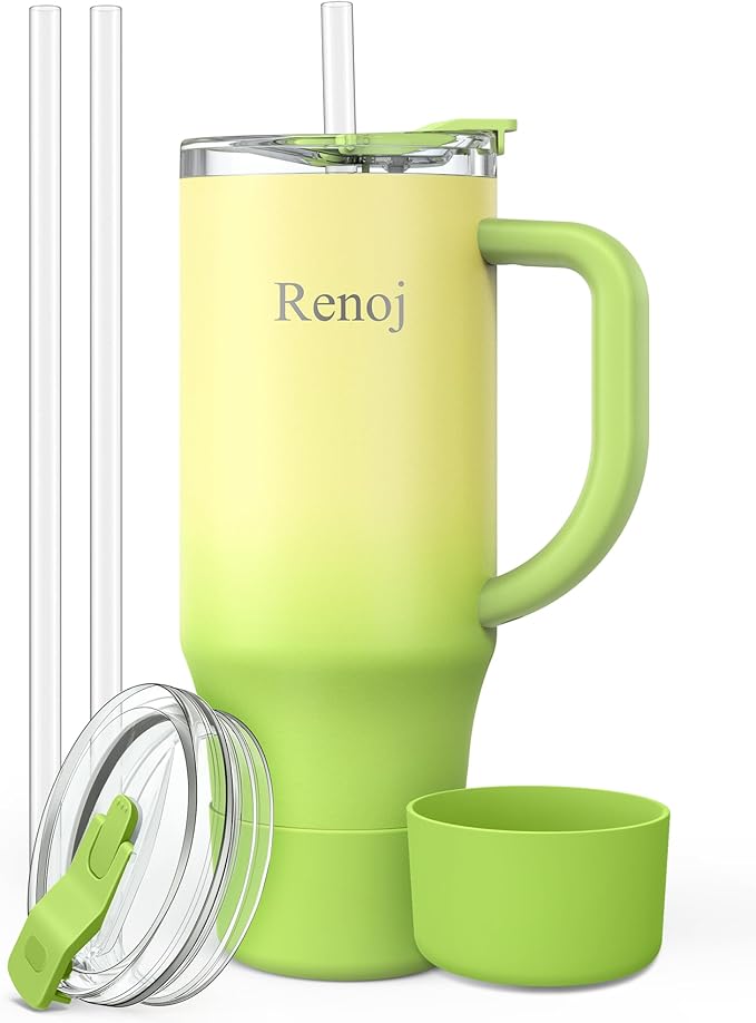 Renoj Tumbler with Handle 100% Leak Proof Insulated Water Bottle for Iced Coffee & Hot Drinks - Fits Car Cup Holder, Ideal Gift, 2 Straws & Silicone Boot BPA-Free - SnapShift Green Gradient 40 oz