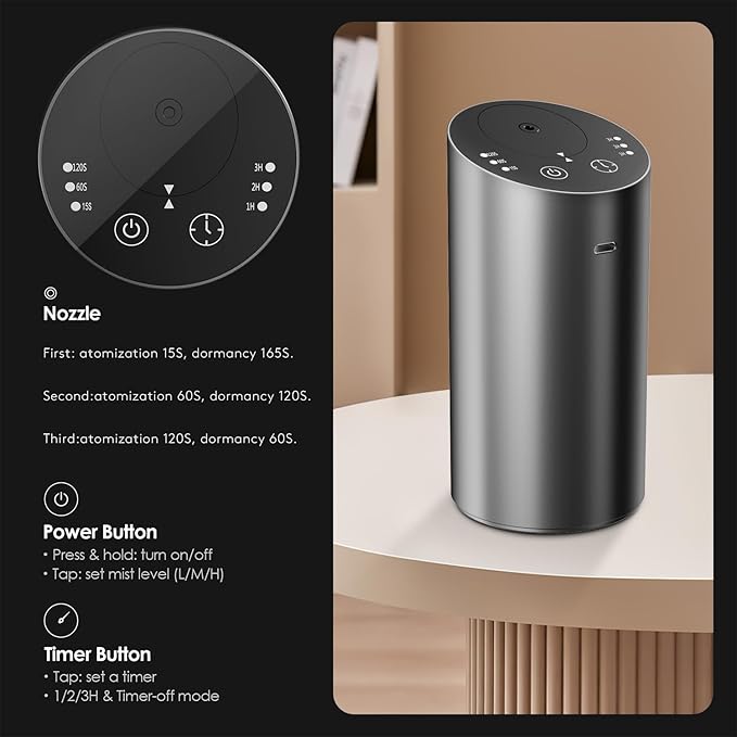 Waterless Car Diffuser, Waterless Diffusers for Essential Oils with Timer & No Leakage Tech, Super Quiet Cordless Aromatherapy Essential Oil Diffuser Battery Operated for Car, Room