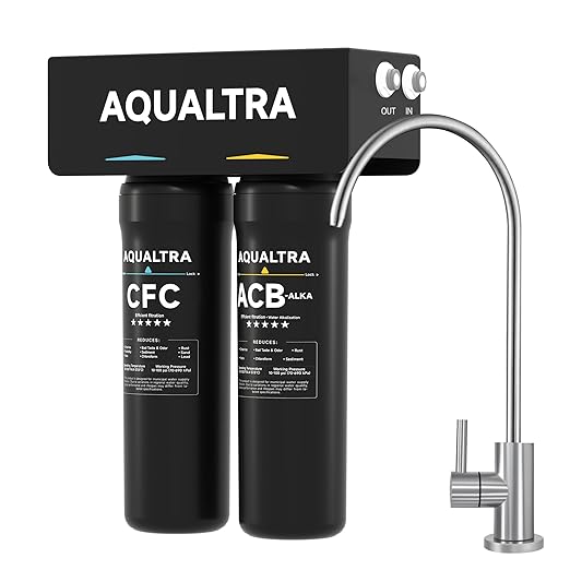 AQUALTRA USF-2F-10 Slightly Alkaline Under Sink Water Filtration System, 20K Gallons with Faucet, 0.5 μm Carbon Fiber Filter Reduces Chlorine, Chloramine, Fluoride, Bad Taste & Odor