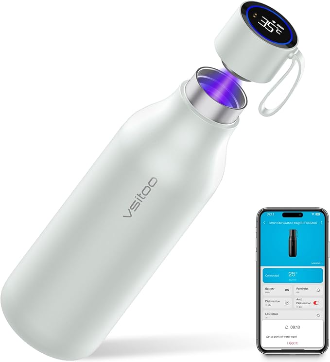 VSITOO 33oz Smart Self Cleaning Water Bottle，Insulated Water Bottle with Stainless Steel, BPA-Free, AI Self-Clean, 30-Day Battery, Magnetic Charging for Travel, Gym or Office, White
