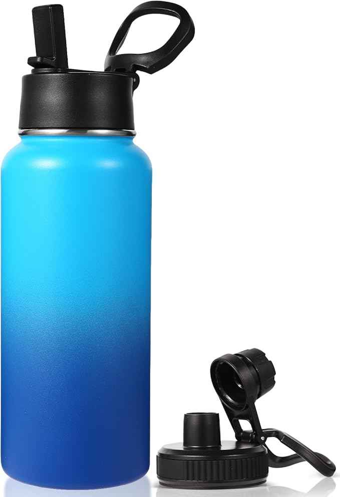 Neihepal 32 oz Insulated Water Bottle with 2 Lids (Straw & Spout Lid), 18/8 Stainless Steel Double Wall Water Bottles for Gym, Travel, Camping, Sports (Green Blue,1Pack)