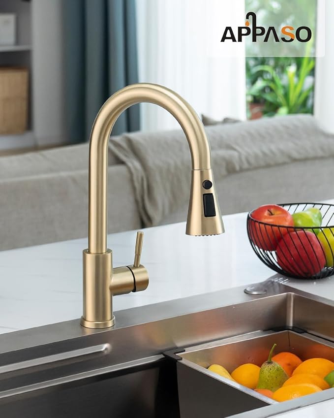 APPASO Gold Kitchen Faucet, Kitchen Faucet with Pull Down Sprayer - Stainless Single Handle High Arc Easy Installation for One Hole RV Camper Laundry Outdoors, Single Hole, Brushed Gold