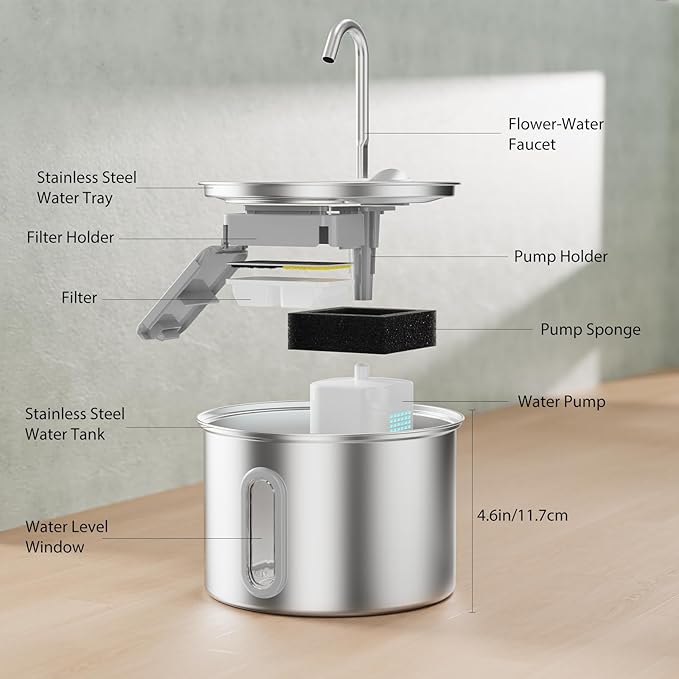 304 Stainless Steel Cat Water Fountain - 2.8L/95oz Quiet Electric Pet Water Fountain with Multi-Stage Filtration, Easy to Clean & Assemble (Pet Water Fountain+1 Filter)