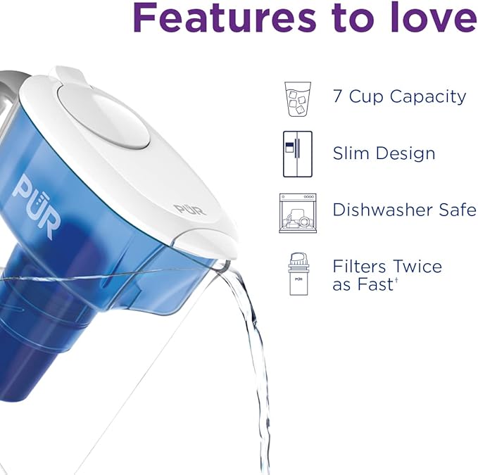 PUR 7-Cup Water Filter Pitcher, Cleaner, Great-Tasting Water, Dishwasher Safe, Powerful, Faster Filtration, LockFit Cap Design - White (Pack of 2)