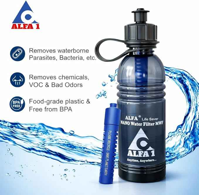 ALFA1 Life Saver Nano Water Filter Bottle | Water Purifier Bottle for Hiking, Camping and Travel (1 Quart, 32oz) | Food-Grade Plastic & BPA-Free | Removes 99.999% Impurities and Bad Odors