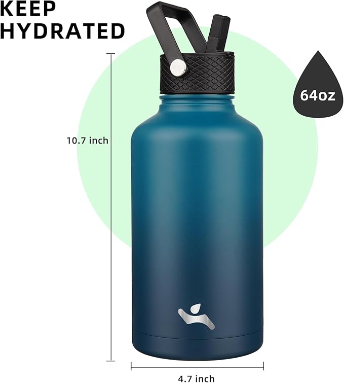 Half Gallon Insulated Water Bottle with Straw,64 oz 3 Lids Water Jug with Carrying Bag,Paracord Handle,Double Wall Vacuum Stainless Steel Metal Flask,Indigo Black