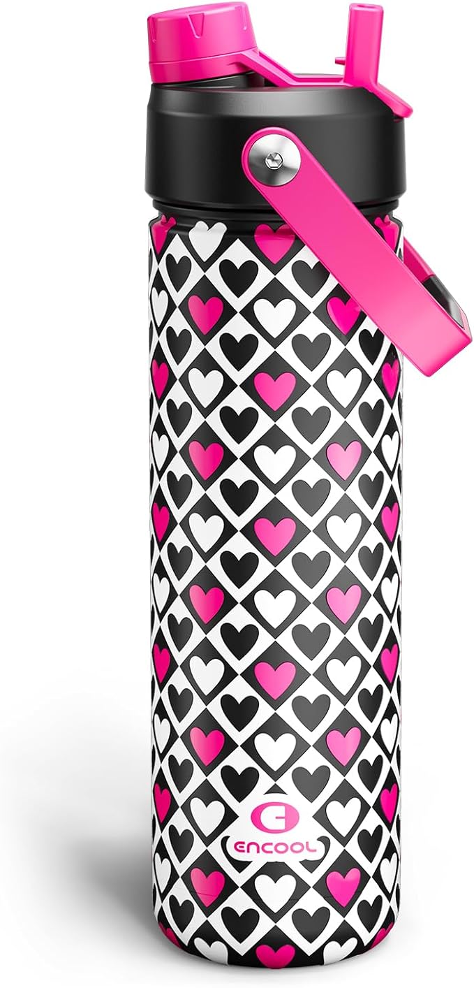 ENCOOL Valentine's Day Insulated Water Bottle with Straw Stainless Steel Water Bottle, Leak-Proof, BPA-Free, Keeps Cold for 24 Hours for Sports, Travel, School (26 oz,Bold Hearts Valentine x White)