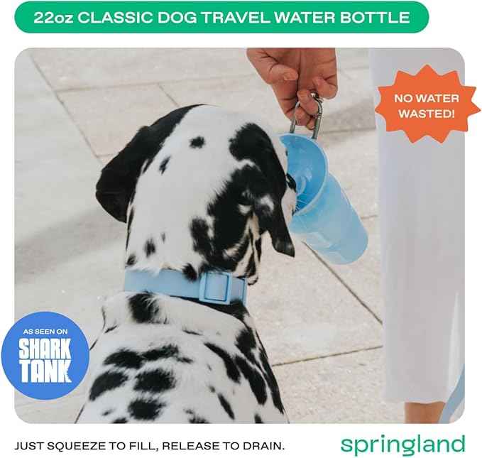 Springer Dog Water Bottle | Portable Travel Water Bottle Dispenser For Dogs - As Seen on Shark Tank | Patented, Leak-Proof Bottles Fill Bowl With Water - Ideal for Walking | BPA-Free 22oz Blue