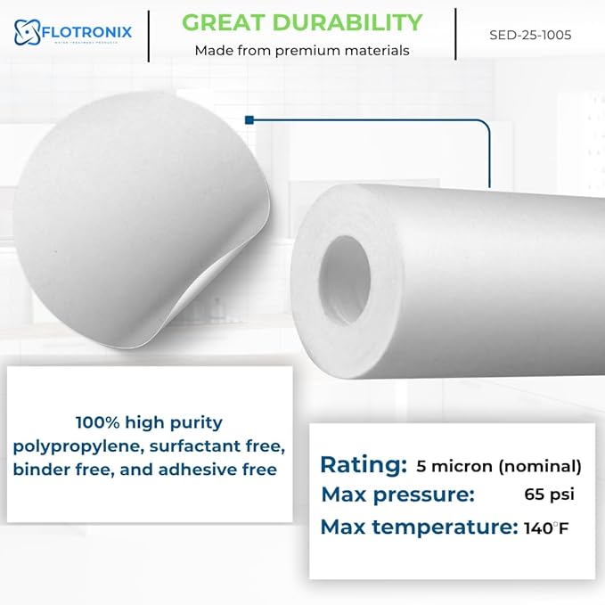 Flotronix 5 Micron 2.5" x 10" Sediment Whole House Water Filter Compatible to GE FXUSC Water System (2 Pack)