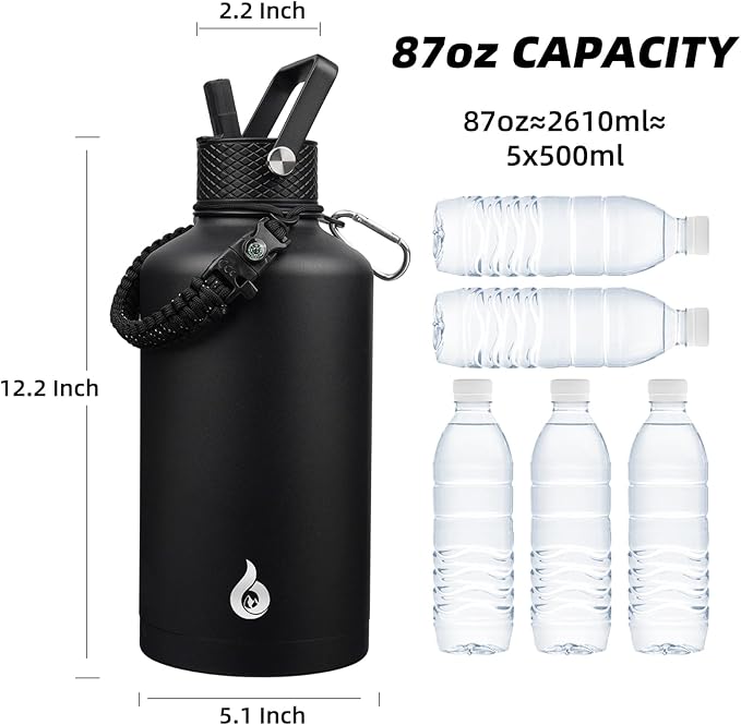 BJPKPK 2/3 Gallon Water Bottle with Straw Lid, 87oz Large, Stainless Steel Water Bottles with 3 Lids and Paracord Strap, Double Wall Vacuum Metal Jug, Black