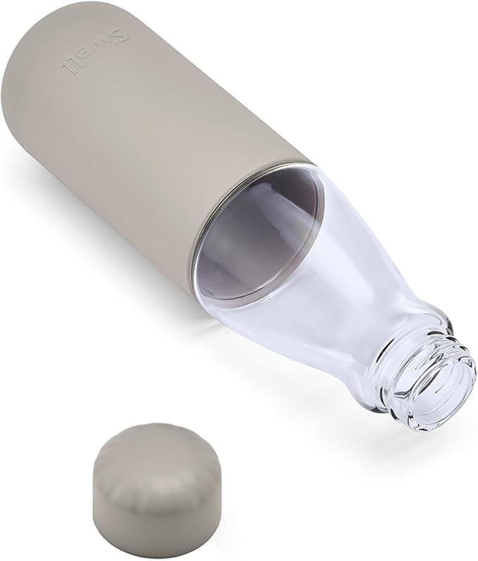 S'well Glass Original Water Bottle, 18oz, Lunar Grey, Borosilicate Glass Bottle With Protective Silicone Sleeve, Zero Plastic, Leakproof, BPA Free