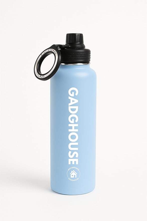 GadgHouse 40oz Stainless Steel Water Bottle with Magnetic Phone Holder, Compatible with Apple and Android. Leakproof, Insulated, BPA-Free, Keeps Hot 12H Cold 24H, for Gym, Office, Travel (ICE BLUE)