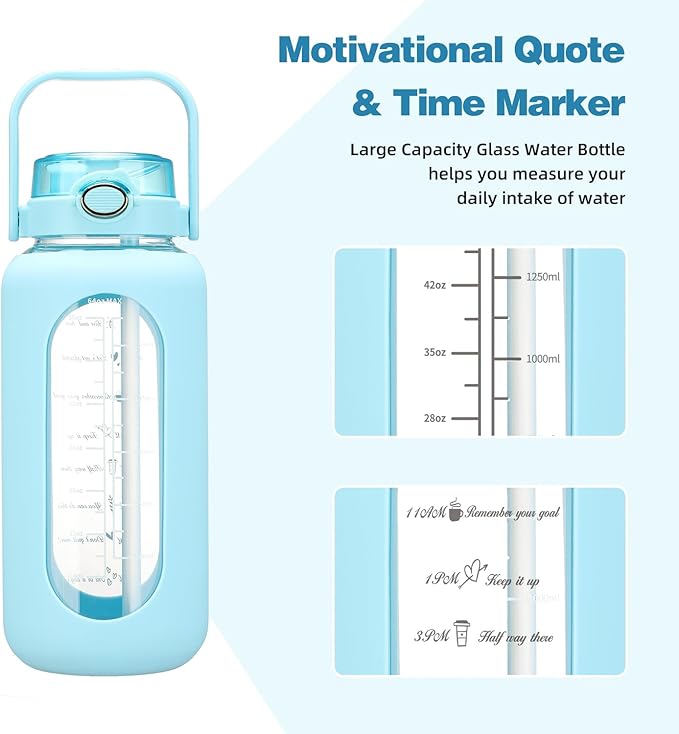 SIEROZUR 64 oz Glass Water Bottle with Straw and Handle Lid Half Gallon Motivational Glass Bottle with Silicone Sleeve and Time Marker Large Reusable Sports Water Jug for Gym Home Workout