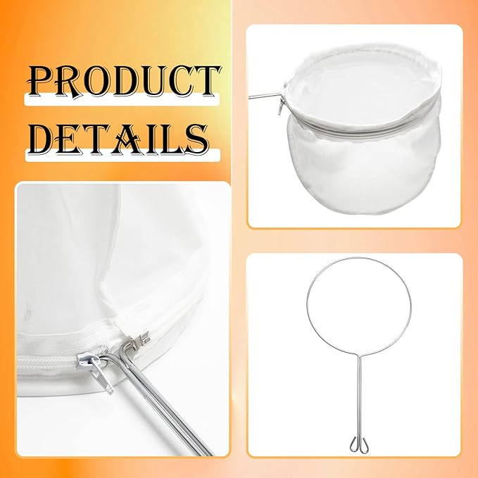 Ultra Fine Mesh Strainer Bag Reusable Food Grade Filter Zipper Bags with Stainless Steel Handle for Filter Coffee Tea Milk Juice Oil