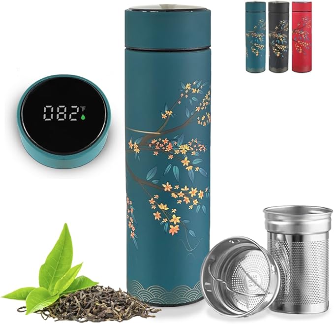 Farasi Tea Infuser for Loose Leaf Tea Smart Water Bottle with Temperature Display, Stainless Steel Insulated Coffee and Fruit Tea Infuser Bottle - Green Floral Travel Tea Mugs 15 oz