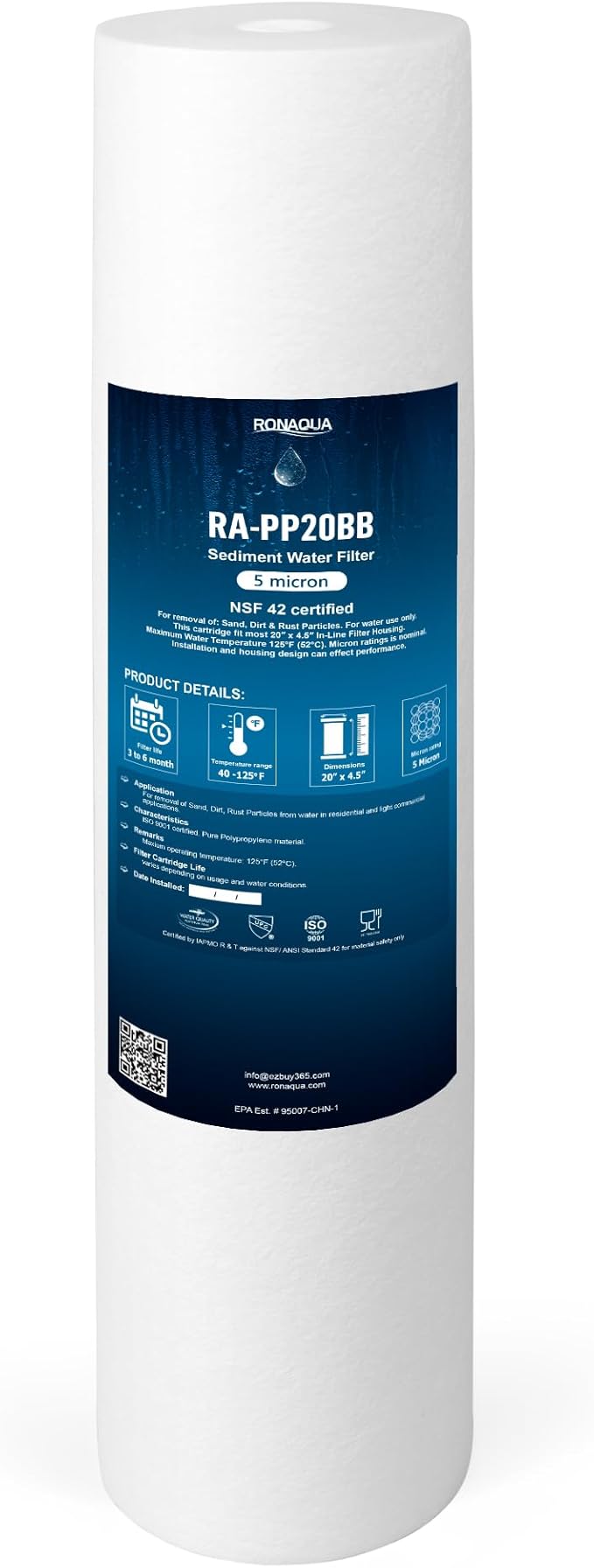 Ronaqua 20" x 4.5" Big Sediment Replacement Water Filter Cartridge, 5 Micron, NSF Certified, for Whole House, Compatible with 155358-43, 2PP20BB1M, AP810-2, FPMB-BB5-20, P5-20BB, SDC-45-2005