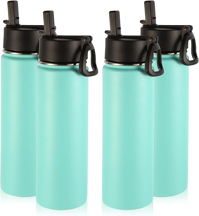 Volhoply Insulated Water Bottles with Straw Bulk 4 Pack, 22 oz Stainless Steel Double Walled Vacuum Travel Water with Wide Mouth, Reusable Metal Cold Water Flask for School Hiking(Mint,4 Set)