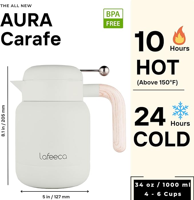 Aura Thermal Coffee Carafe Tea Pot for Keeping Hot & Iced Cold - Vacuum Insulated - Thermos Water Pitcher - Beverage Dispenser - Cool Touch Handle & Lid - BPA Free - 1 Liter - Dune