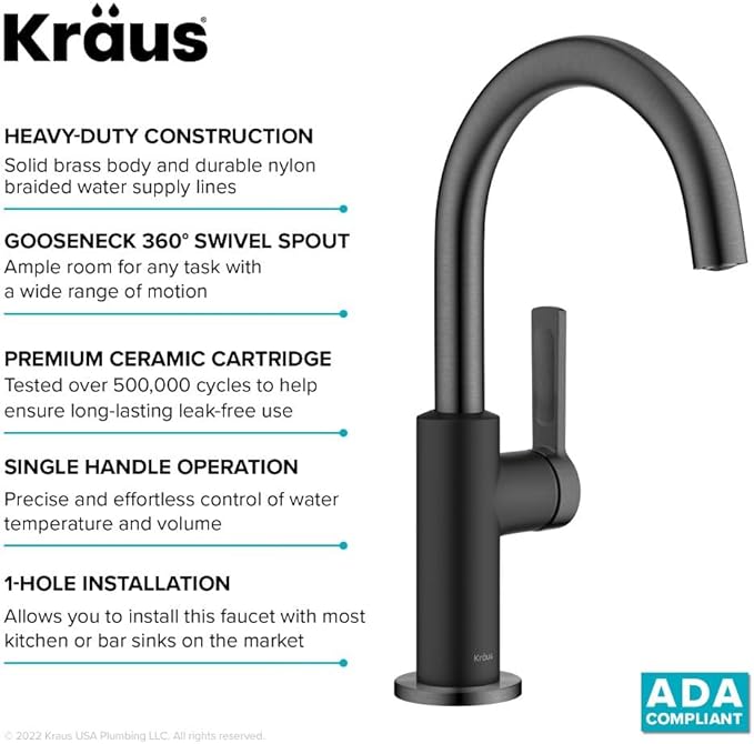 Kraus Oletto Single Handle Kitchen Bar Faucet in Matte Black/Spot Free Black Stainless Steel, Kitchen Sink Faucets, KPF-2822MBSFSB