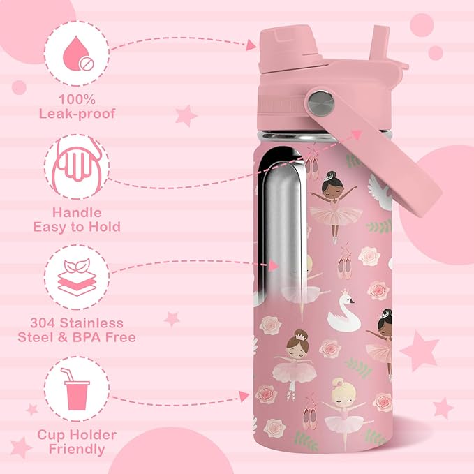 Gift for Ballerina Girls, 18oz Ballet Water Bottle with 2-in-1 Straw and Spout Lid, Dancer Dancing Kids Insulated Stainless Steel Tumbler Cup, Ballerina Gifts for School Teens Girls