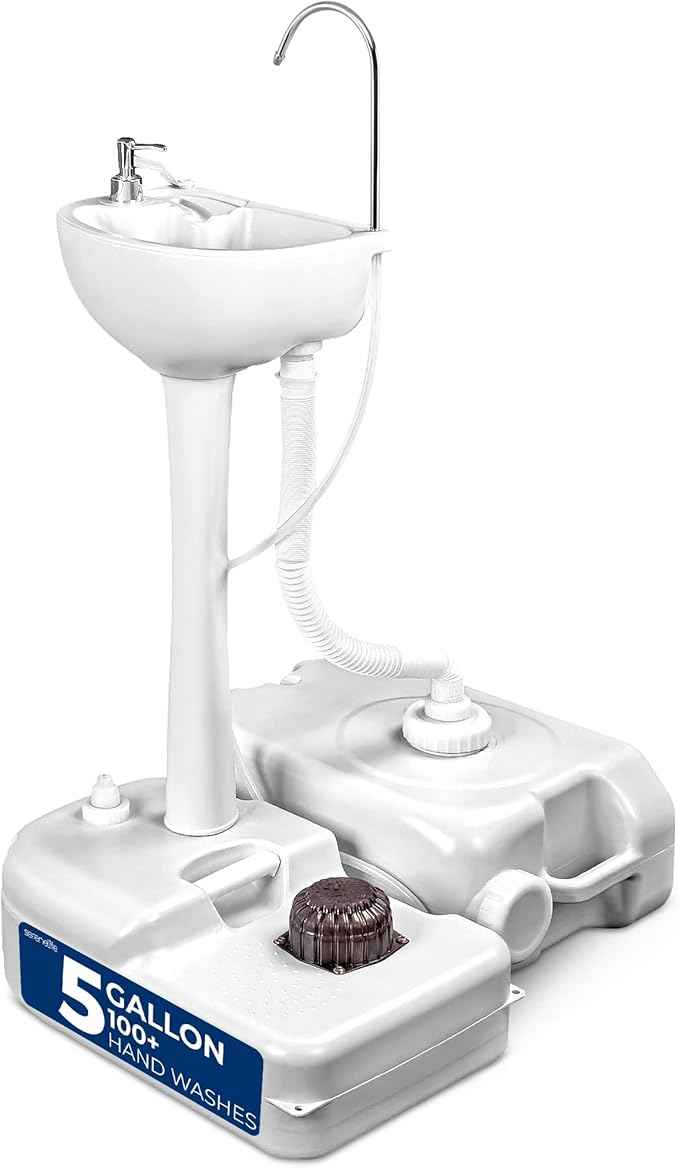 SereneLife Portable Camping Sink – Hand Washing Station with Foot Pump, 17L Fresh Water Tank, 24L Waste Tank, Soap Dispenser, Rolling Wheels & Quick Assembly for RV, Outdoor Events & Job Sites