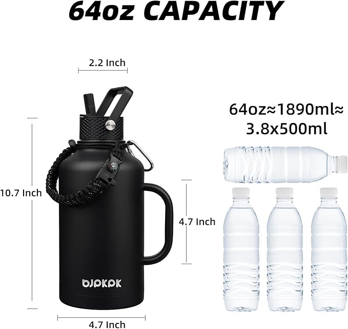 BJPKPK Half Gallon Insulated Water Bottles with Straw Lid & Side Handle, 64oz Large, Stainless Steel Water Bottles with 3 Lids and Paracord Strap, Metal Water Jug,Black