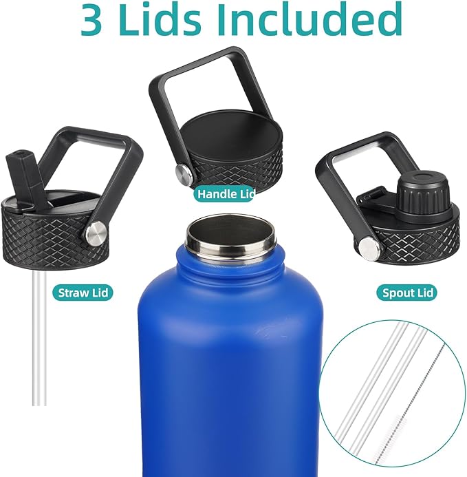 Half Gallon Insulated Water Bottle with Straw,64 oz 3 Lids Water Jug with Carrying Bag,Paracord Handle,Double Wall Vacuum Stainless Steel Metal Flask,Blue