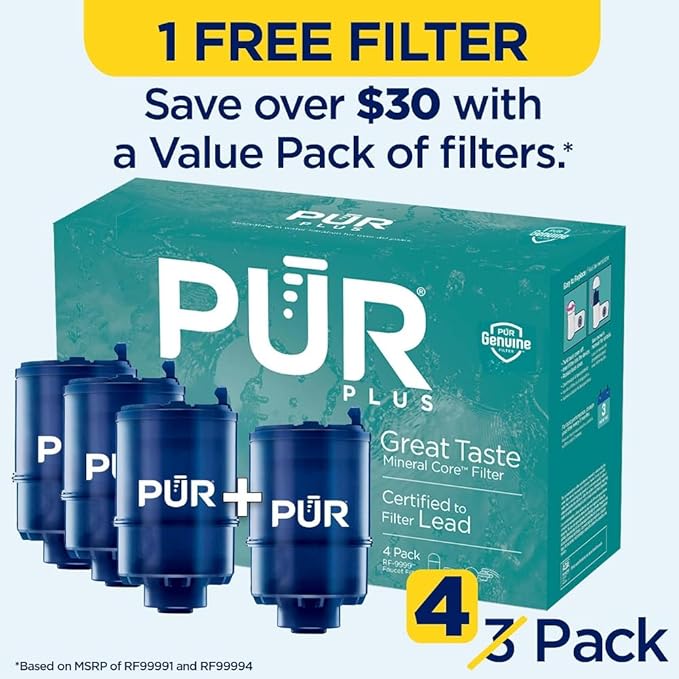 PUR Plus Faucet Mount Replacement Filter 4-Pack, Genuine PUR Water Filter for Sink Faucet, 3-in-1 Mineral Filtration, Lead Reducing, 1-Year Value, Blue (RF99994)