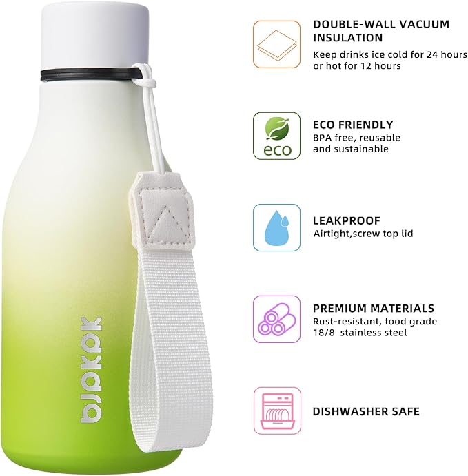 BJPKPK Insulated Water Bottles, 12oz Stainless Steel Metal Water Bottle with Strap, BPA Free Leak Proof Jugs, Mugs, Flasks, Reusable Thermal Flasks for Sports & Travel, Elegant Green