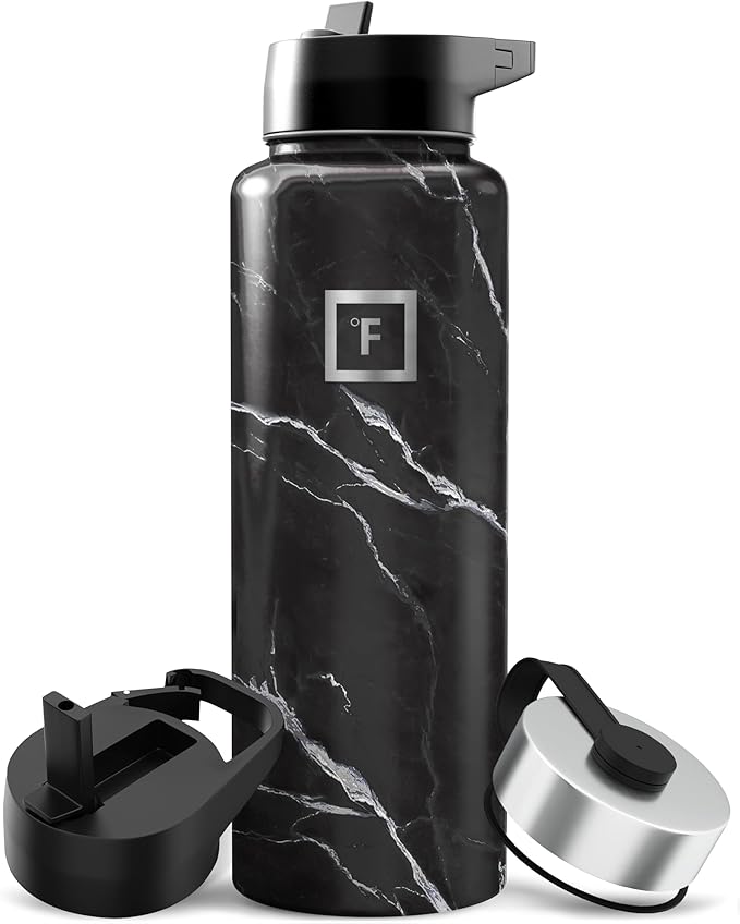IRON °FLASK Camping & Hiking Hydration Flask with Straw, Wide Mouth Insulated Stainless Steel Sports Water Bottle - 40 oz Black Marquina