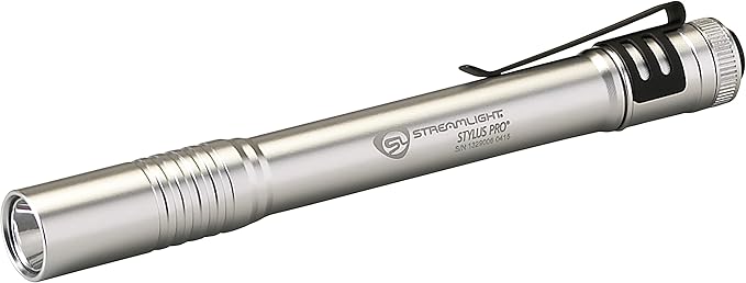 Streamlight 66121 Stylus Pro 100-Lumen White LED Pen Light for Inspectors, Law Enforcement, and Everyday Use with 2 AAA Alkaline Batteries, Silver