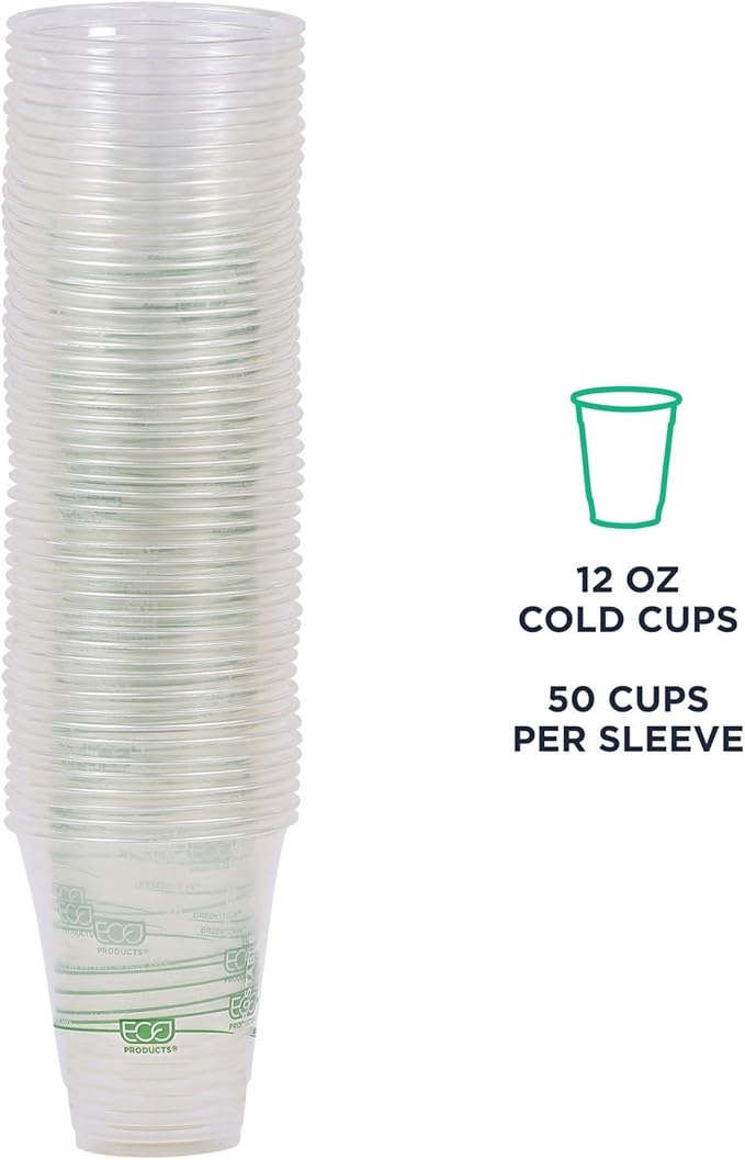 ECO PRODUCTS GreenStripe Clear Compostable 12oz PLA Plastic Cups, Case of 1000, Disposable Renewable Plant-Based Cold Cups, For Cold Drinks & Snacks, BPI Certified, ASTM Compliant.