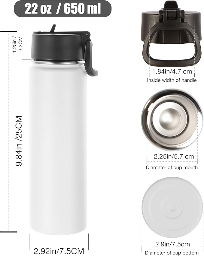 Volhoply Insulated Water Bottles with Straw Bulk 8 Pack,Not Suitable for Sublimation, 22 oz Stainless Steel Sports Bottle with Handle Lid,Metal Travel Water Cups with Wide Mouth(White,8 Set)