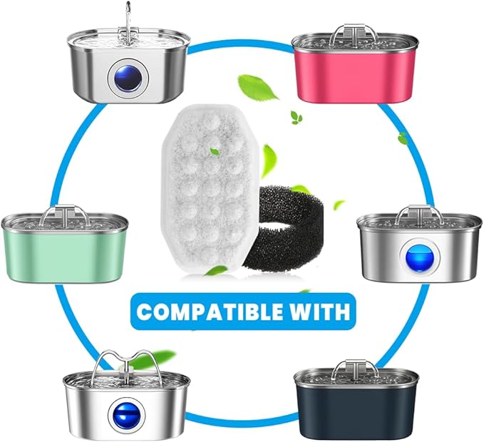 24 PCS Cat Water Fountain Filter for 108oz/3.2L Stainless Steel Dispensers – 12 Pack Replacement Filters for Pet Fountains – 12 Carbon + 12 Sponge – Improves Water Quality & Reduces Odors