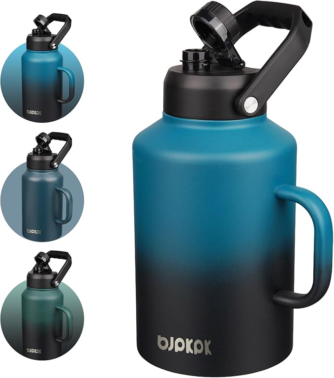 BJPKPK 1 Gallon Water Bottle with Handle, Large Dishwasher Safe 128oz Insulated Water Bottle, BPA Free Water Jug, Wide Mouth Metal Flasks with Anti-slip Bottom, Keep Cold & Hot,Blue & Black