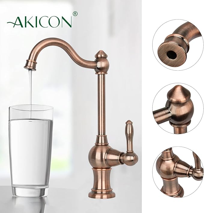 Akicon Kitchen Water Filter Faucet, Brass Body 100% Lead-Free Drinking Water Faucet Fits Most Reverse Osmosis Units or Filtration System, Non-Air Gap, Cold Water Only(Antique Copper)