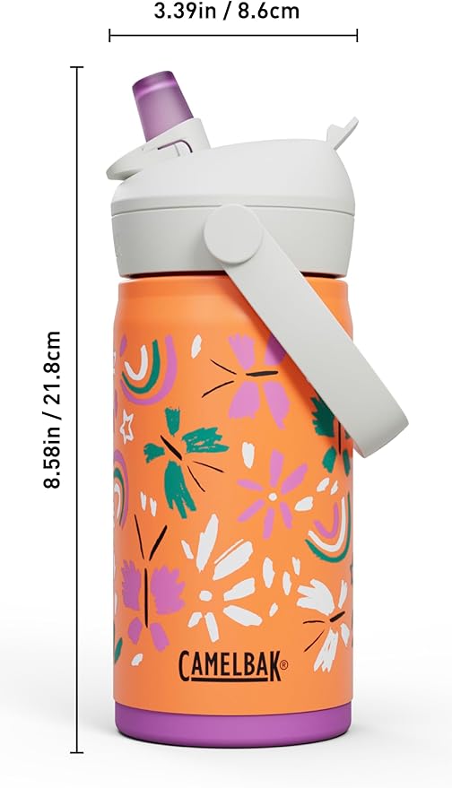 CamelBak Thrive Flip Straw Kids Bite Valve Stainless Steel Water Bottle Butterfly Rainbow, 12oz