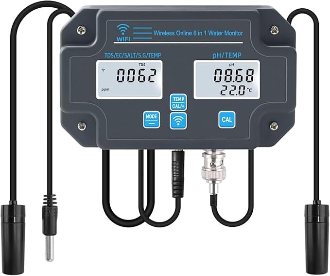 Smart Water Quality Monitor, PH EC TDS Salt Temp Data Logger Tester, Professional 6 in 1 Multi-Parameter Water Testing Meter with App Control, for Swimming Pools, Household Drinking Water