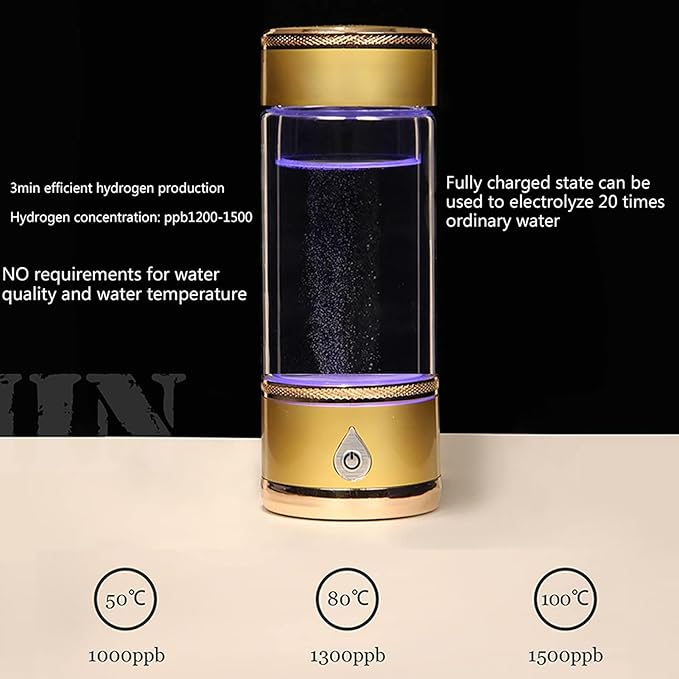 Hydrogen-Rich Water Bottle Portable Hydrogen Alkaline Water Generator Ionizer Mode 3 Mins Make Hydrogen Content Up to 1200-1500PPB USB Rechargeable Molecular Hydrogen Cup 380ML