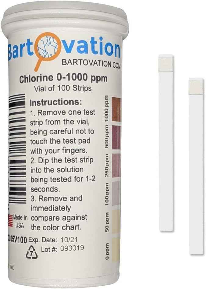 Free Chlorine/Bleach Test Strips, 0-1000 ppm [Vial of 100 Strips]