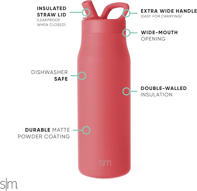Simple Modern Water Bottle with Straw lid | Insulated Stainless Steel Thermos | Reusable Travel Water Bottles for Gym & Sports | Leak Proof & BPA Free | 34oz, Spiced Coral