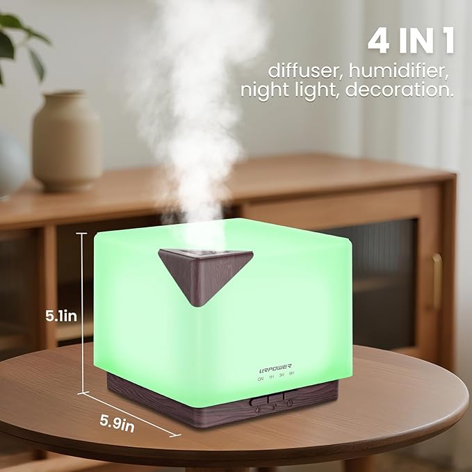 URPOWER 700ML Aromatherapy Essential Oil Diffuser, 700ml Large Ultrasonic Scent Diffusers Humidifier with Adjustable Mist Mode/4 Timer Settings/ 7 LED Light Colors for Home Office Study