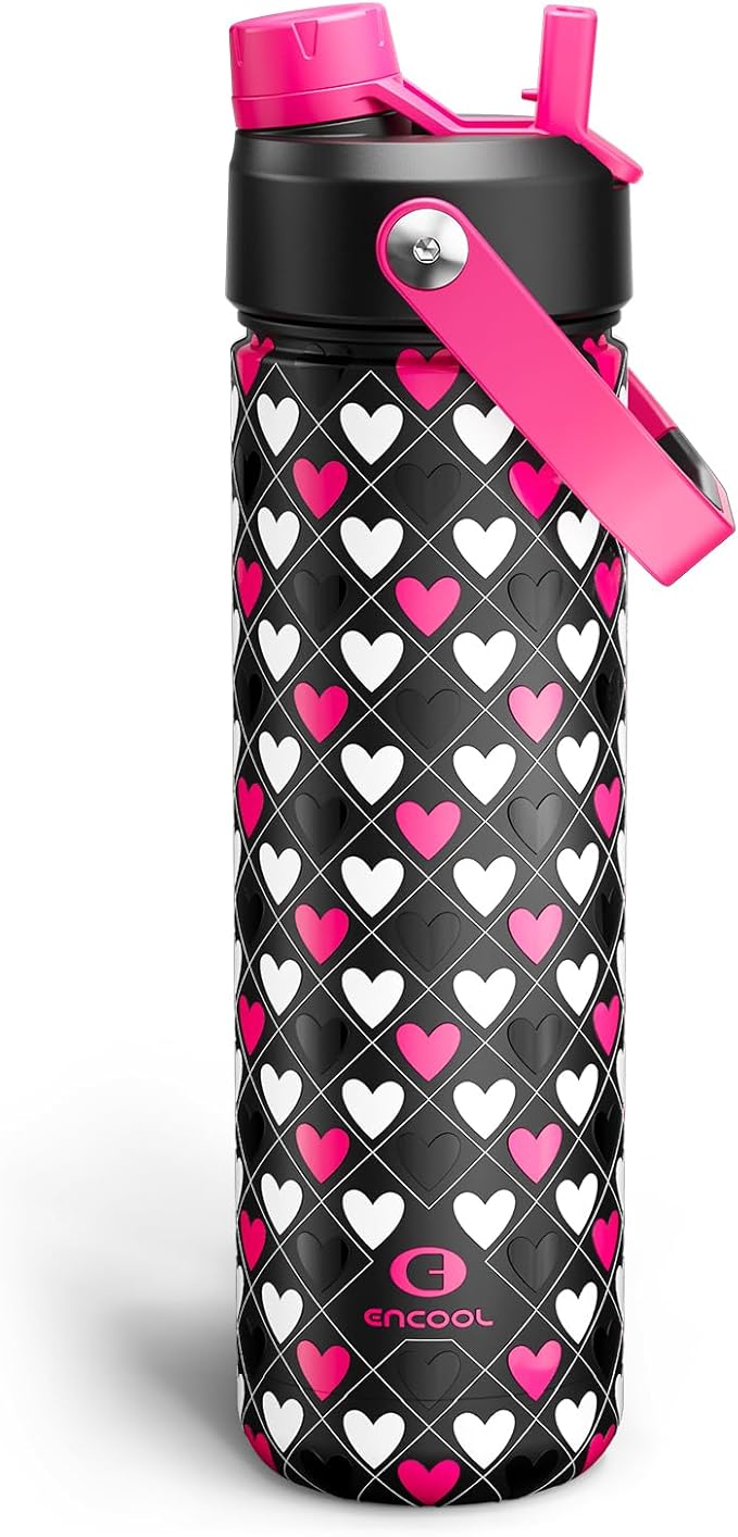 ENCOOL Valentine's Day Insulated Water Bottle with Straw Stainless Steel Water Bottle, Leak-Proof, BPA-Free, Keeps Cold for 24 Hours for Sports, Travel, School (26 oz,Bold Hearts Valentine x Black)